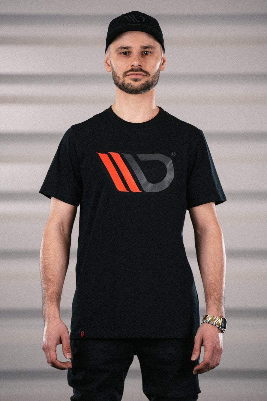 Black T-shirt with red logo