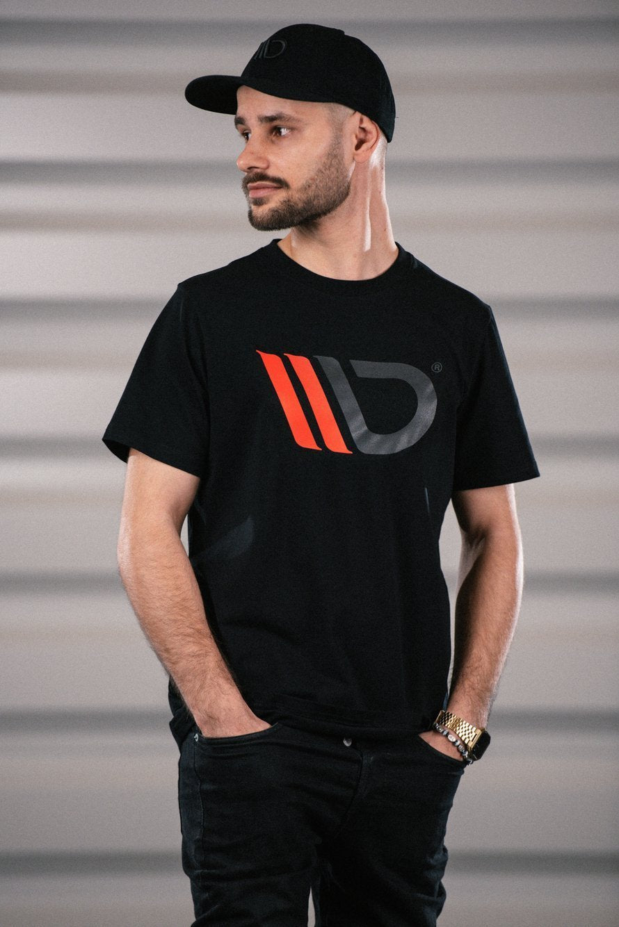 Black T-shirt with red logo